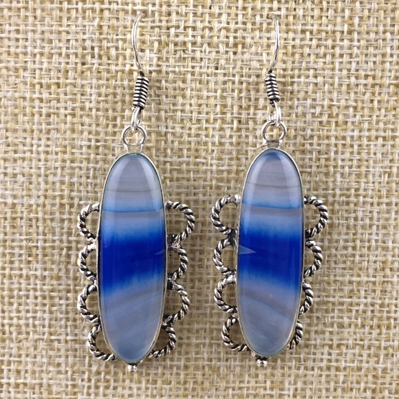 New Striped Blue Botswana Agate Large Stone Silver Hook Dangle Earrings - Picture 3 of 9